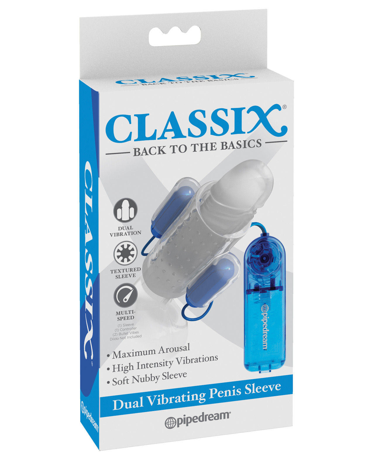 Classix Dual Vibrating Penis Sleeve - Blue & Clear - Caliente Adult